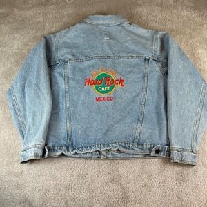 VTG Hard Rock Cafe Mexico Denim Jacket Light Wash Embroidered Logo Women's XL 16
